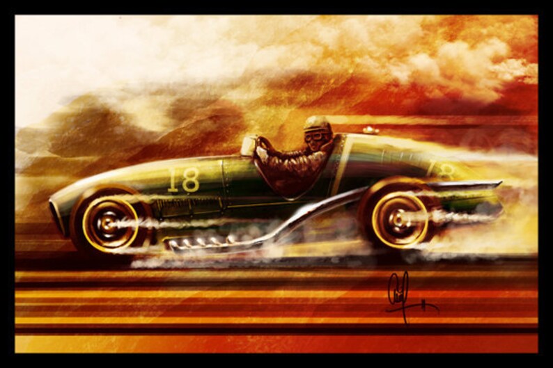 Vintage Automotive Art 1950's Conceptual Grand Prix Car 12x18