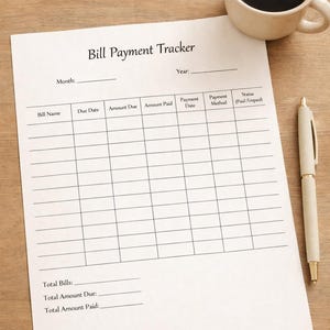 Puede incluir: Un rastreador de pago de facturas con el título "Bill Payment Tracker" impreso en una hoja de papel blanca. Una taza de café y un bolígrafo están junto al papel sobre una superficie de madera. El rastreador incluye campos para el nombre de la factura, la fecha de vencimiento y el importe.