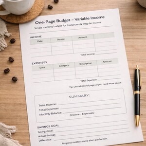 Puede incluir: Una hoja de presupuesto de una página para ingresos variables, con secciones para ingresos, gastos y objetivos de ahorro. Un bolígrafo negro con detalles dorados y una taza de café están sobre una superficie de madera.