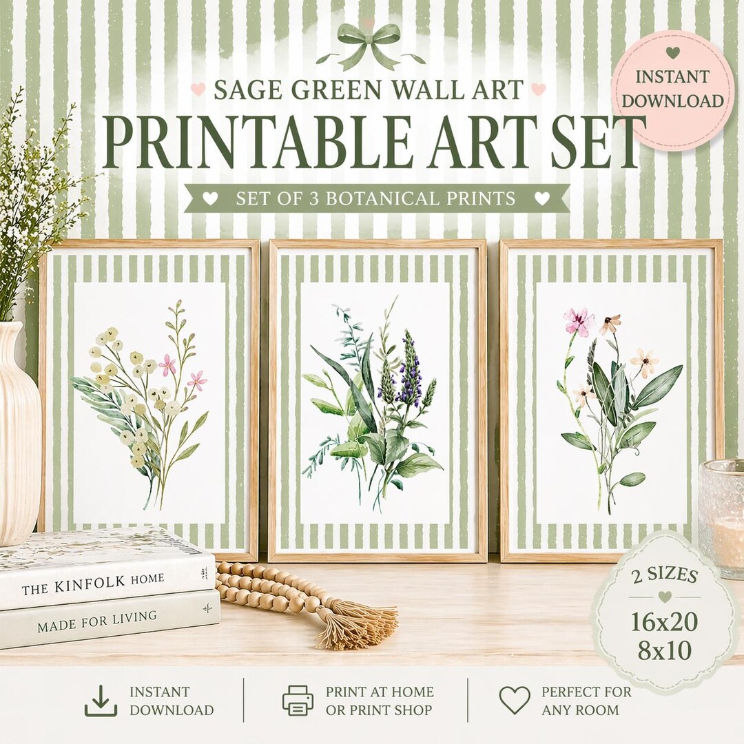 Sage Green Botanical Wall Art Set of 3 Printable | Cottagecore Decor ...