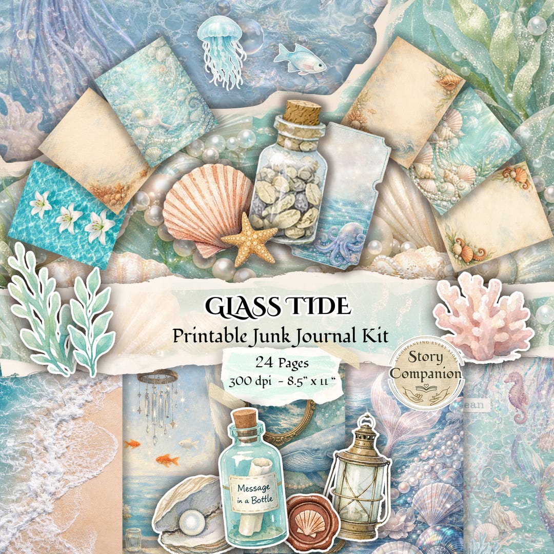Ocean Blue Junk Journal Kit Printable Pearls Glass Tide Scrapbook Shell ...