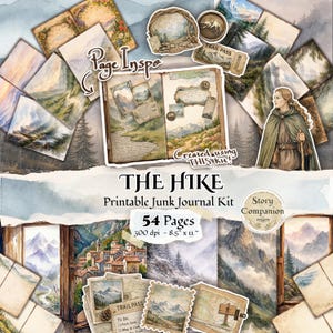 May include: A collection of printable junk journal kit elements with a hiking theme. Includes watercolor illustrations of landscapes, journal pages, and ephemera like trail passes and maps. The kit contains 54 pages, each 8.5 x 11 inches.