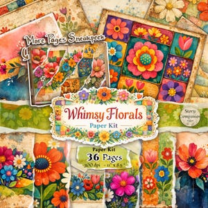 May include: A colorful paper kit titled "Whimsy Florals" with floral designs. The kit includes 36 pages, with a "More Pages Sneakpeek" and "Story Companion" label. The paper is 11" x 8.5" and 300 dpi, featuring vibrant flowers.