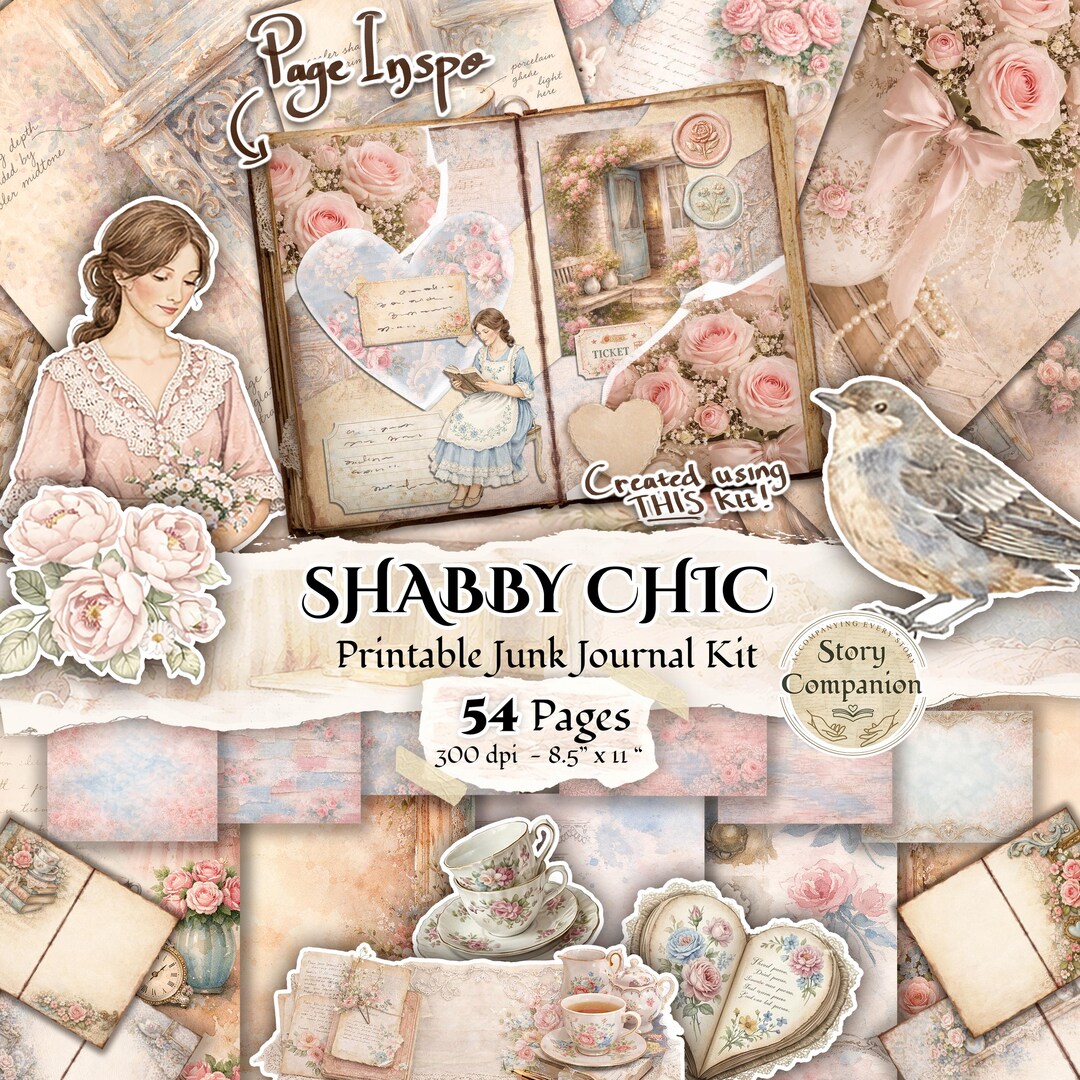 Shabby Chic Junk Journal Kit 54+ Printable Pastel Pink & Powder Blue ...