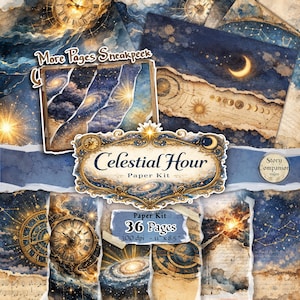May include: A collection of celestial-themed paper sheets with a vintage aesthetic. The design features galaxies, clocks, and celestial bodies in shades of blue, gold, and brown. The text "Celestial Hour Paper Kit" is displayed prominently, along with "36 Pages" and dimensions of 11" x 8.5".