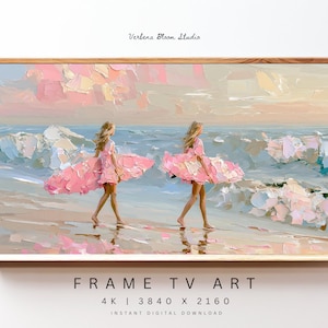 Könnte beinhalten: Gerahmter digitaler Kunstdruck, der zwei Figuren in rosa Kleidern zeigt, die an einem Strand entlanggehen. Das Kunstwerk verwendet eine pastellfarbene Farbpalette mit strukturierten Pinselstrichen. Der Text "FRAME TV ART" ist unten sichtbar.