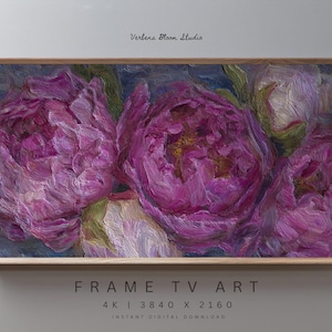 May include: A framed digital painting of vibrant pink peonies. The artwork, with visible brushstrokes, features a close-up of the flowers in full bloom, set against a dark background. The text "FRAME TV ART" is at the bottom.