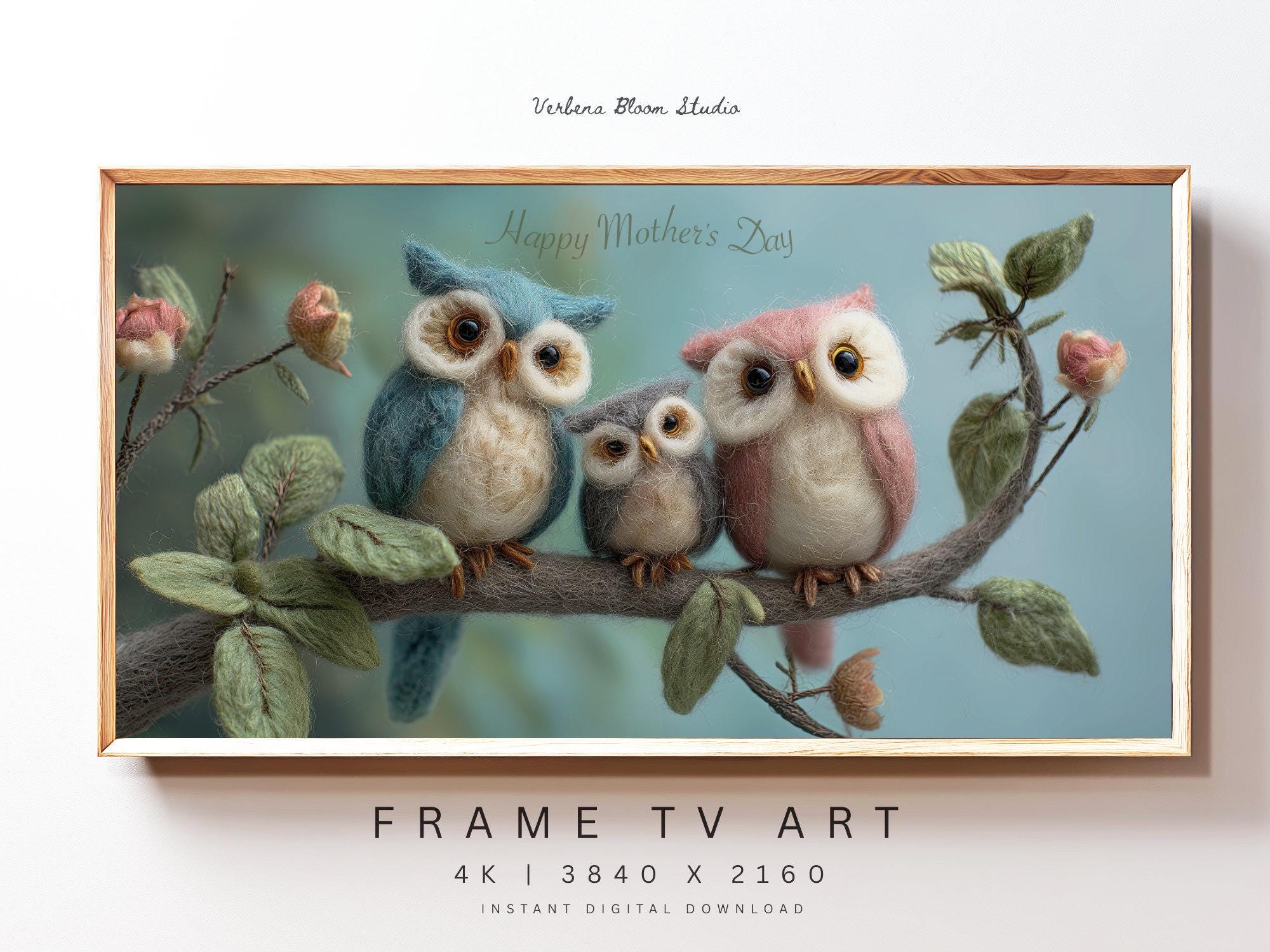 Digital Frame TV Art | Mother Owl Family | Whimsical Mother's Day 4K Digital Download | Samsung 