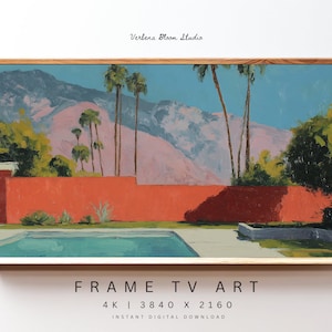May include: A framed digital art print depicting a desert landscape with a pool, palm trees, and mountains. The artwork features a vibrant color palette of orange, teal, pink, and blue. The text "FRAME TV ART" is at the bottom.