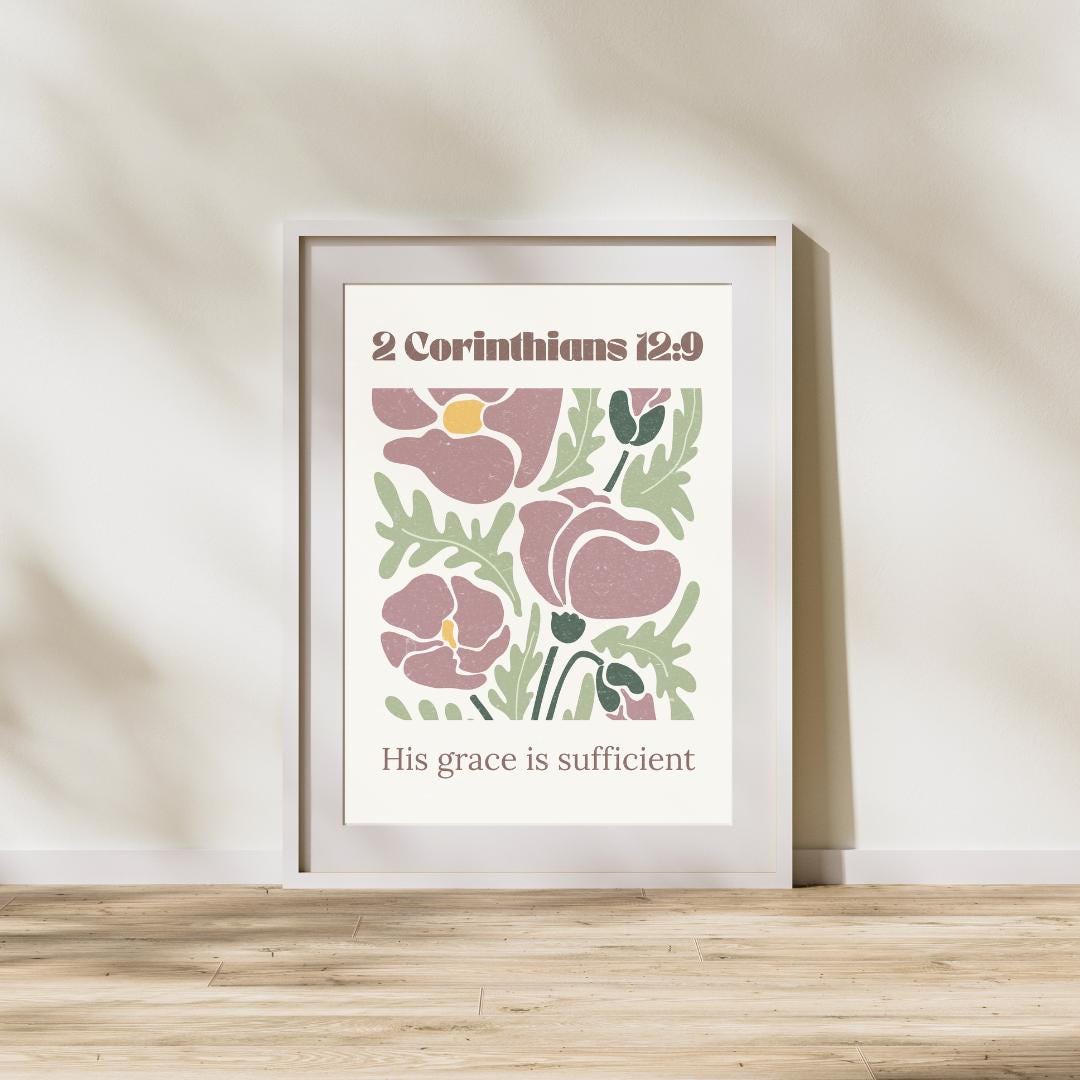 2 Corinthians 12:9 Floral Scripture Print | His Grace is Sufficient | Christian Wall Art Digital ...