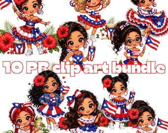 Puerto Rico Chibi Girl Clip Art, Boricua Flag, Coquí, Hibiscus (Digital Download)