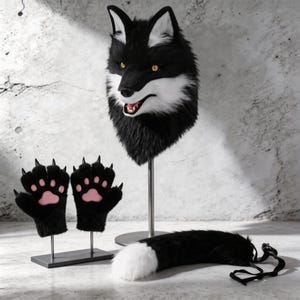 Realistic Wolf Fursuit Set | Plush Animal Cosplay Costume | 3-Piece Head, Paws, Tail for Adults