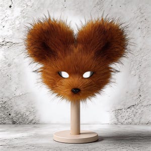 May include: A brown furry mask shaped like a bear's face, with white eye openings and a black nose. The mask is mounted on a light beige stand with a circular base, set against a textured white and gray background.