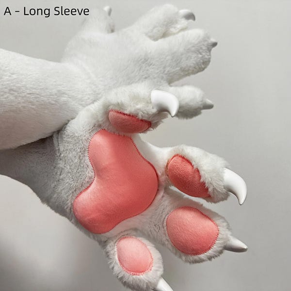 Faux Fur Fursuit Paw Sleeve Gloves With Claws, Four Finger Cosplay Paws