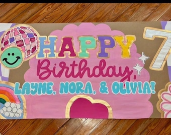 Custom Preppy birthday banner girly varsity patch party. Smiley. Gold