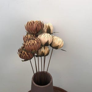 Peut inclure: Un bouquet de fleurs séchées en forme de globe dans des tons brun foncé et crème, chacune présentant des pétales pointus superposés. Les fleurs sont disposées sur de fines tiges sombres et présentées dans un vase cylindrique brun mat.