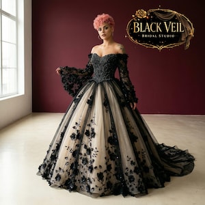 etsy black wedding dress Black Lace Wedding Gown With Open Back and Long Sleeves