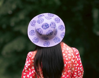 Purple Rose Hand-Painted Straw Sun Hat, Wide Brim Flower Patterned Summer Beach Cap