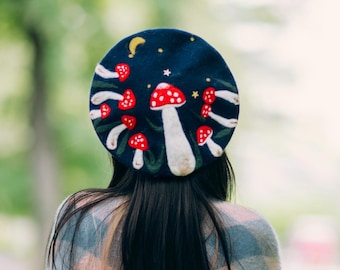 Midnight Mushroom Hand Felted Wool Beret - Red Toadstool Starry Night French Hat