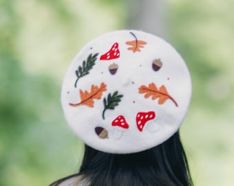 Autumnal Harvest Hand Felted Wool Beret - Mushroom Oak Leaf Forest White Navy Winter Hat