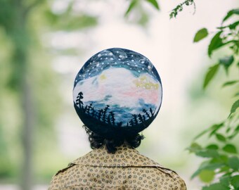 Aurora Forest Hand Felted Wool Beret - Northern Lights Evening Landscape French Hat