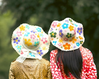 Floral Hand Painted Straw Sun Hat – Colorful Flower Summer Beach Headwear Cottagecore Style