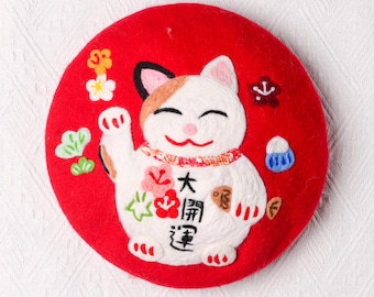 Red Maneki Neko Lucky Cat - Hand Felted Kawaii Wool Beret