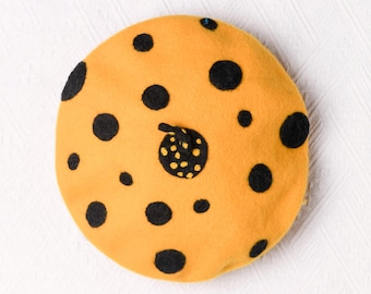 Yellow Pumpkin Black Polka Dot - Hand Felted Wool Beret Hat