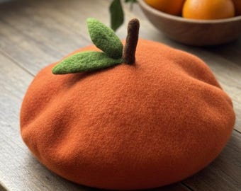 Handgefilzte Zitronen-Orangen-Baskenmütze – 100 % Wolle, Zitrusfrucht-Hut