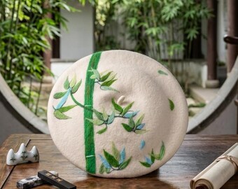 Green Bamboo Wool Beret - Hand Felted White Nature Inspired French Hat