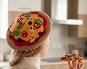 Hand Felted Pizza Beret – Wool Margarita Slice Hat, Foodie Accessory