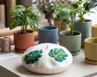 Swiss Cheese Plant Monstera Beret - Hand Felted Wool White Winter Hat