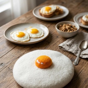 Boina de lana afieltrada hecha a mano con forma de huevo frito: un gorro de desayuno original, accesorio para amantes de la gastronomía.