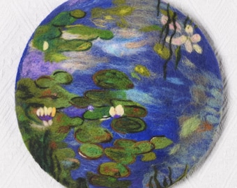 Blue Monet Water Lilies Impressionist Art - Hand Felted Wool Beret