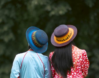 NYC Skyline Hand-Painted Woven Straw Sun Hat, Blue Orange Cityscape Summer Beach Cap