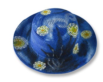 Van Gogh Starry Night Hand Painted Straw Sun Hat - Artistic Impressionist Summer Beach Headwear