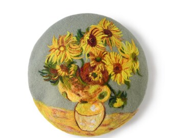 Van Gogh Sunflowers Impressionist Hat - Hand Felted Wool Beret
