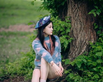 Hand Felted Wool Beret – Purple Monet Water Lilies Impressionist Art Hat