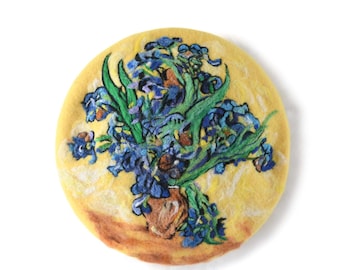 Van Gogh Iris Hand Felted Wool Beret – Artistic Yellow Floral French Hat