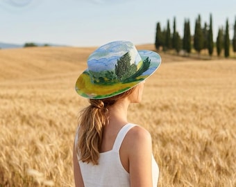 Hand Painted Straw Sun Hat – Van Gogh Wheat Field Cypresses Summer Headwear