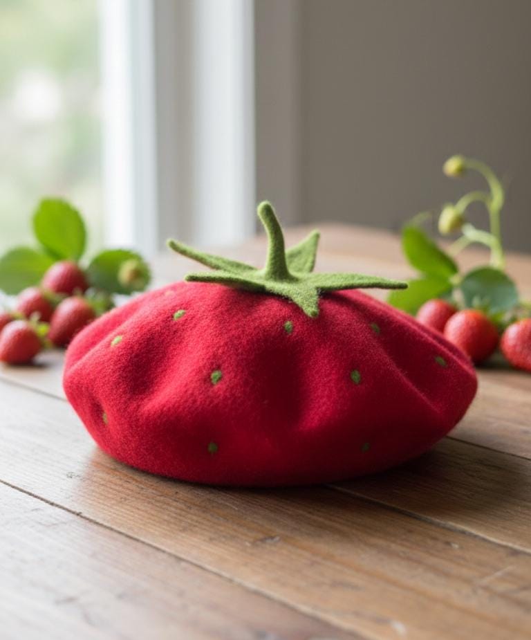 Hand Felted Wool Strawberry Beret - Red Fruit Cap with Leaf Topper