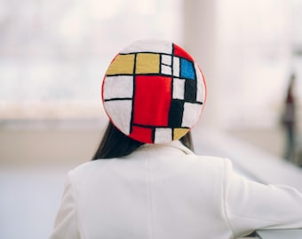 Piet Mondrian Inspired Geometric Art Hat - Handmade Wool Beret