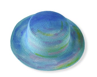 Blue Abstract Strokes Hand-Painted Straw Sun Hat Wide Brim Summer Cap