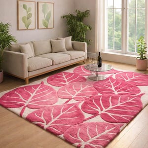Pink Leaf Pattern Area Rug | Modern Botanical Carpet | Soft Plush Living Room Rug | Aesthetic Home Decor | Cozy Bedroom Floor Mat
