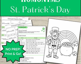 St Patrick's Day Homonyms Color by Number Upper Elementary & Middle School Grammar Activity Practice