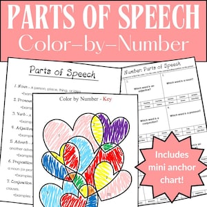 May include: Educational printable featuring "Parts of Speech" with a color-by-number activity. The key shows a heart design with numbered sections to color. Includes a mini anchor chart. Text includes "Noun," "Pronoun," "Verb," "Adjective," "Adverb," "Preposition," and "Conjunction."