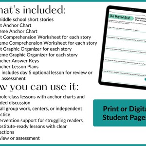 Pu&ograve; includere: Risorsa educativa con testo: "Cosa &egrave; incluso" e "Come puoi usarlo". Include fogli di lavoro, grafici e piani di lezione. Un tablet mostra un foglio di lavoro intitolato "The Missed Goal". Il testo dice anche "Pagine per studenti stampate o digitali!"