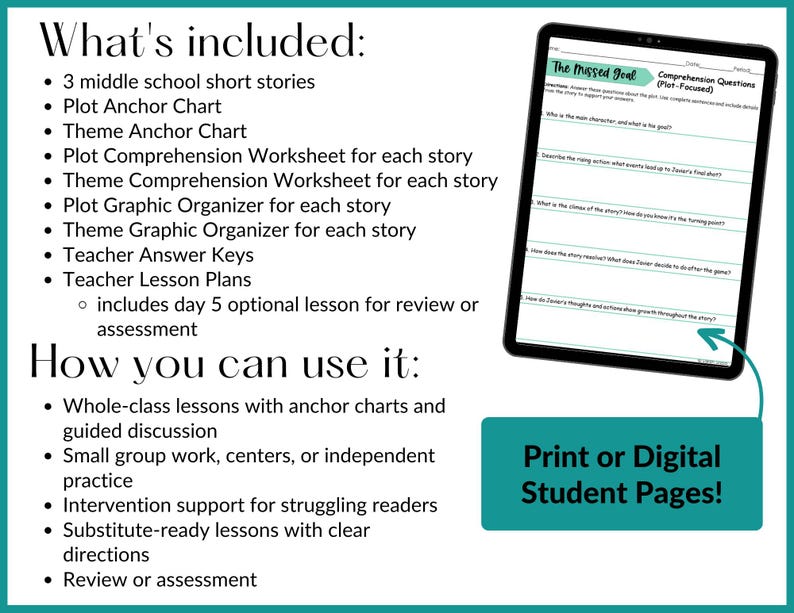 Pu&ograve; includere: Risorsa educativa con testo: "Cosa &egrave; incluso" e "Come puoi usarlo". Include fogli di lavoro, grafici e piani di lezione. Un tablet mostra un foglio di lavoro intitolato "The Missed Goal". Il testo dice anche "Pagine per studenti stampate o digitali!"