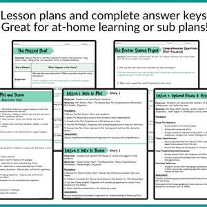 Pu&ograve; includere: Piani di lezione educativi e chiavi di risposta complete per l'apprendimento a casa o piani sostitutivi. L'immagine mostra diversi fogli di lavoro con titoli come "The Missed Goal" e "The Broken Science Project". Il testo include obiettivi e procedure della lezione.