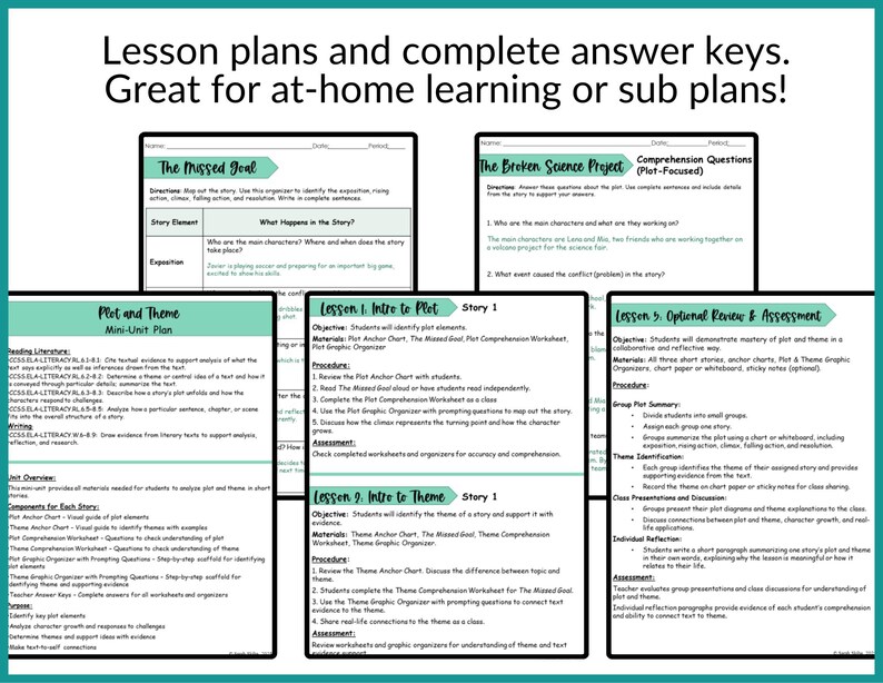 Pu&ograve; includere: Piani di lezione educativi e chiavi di risposta complete per l'apprendimento a casa o piani sostitutivi. L'immagine mostra diversi fogli di lavoro con titoli come "The Missed Goal" e "The Broken Science Project". Il testo include obiettivi e procedure della lezione.